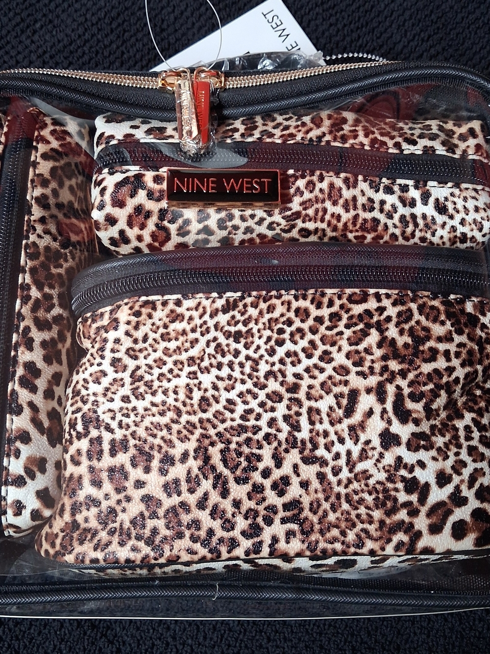 Nine West Leopard Print Cosmetic Bag Set in Brown and Black